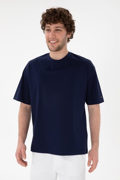 Erkek Comfort Fit Bisiklet Yaka Lacivert Merserize Basic Tişört