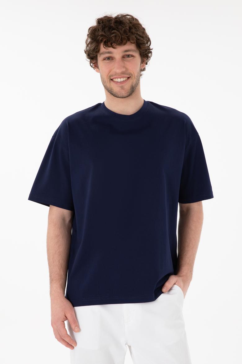 Erkek Comfort Fit Bisiklet Yaka Lacivert Merserize Basic Tişört
