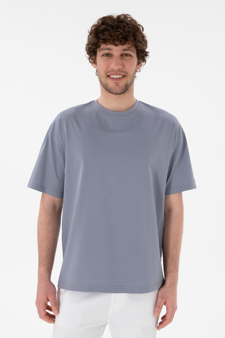 Erkek Comfort Fit Bisiklet Yaka Mavi Merserize Basic Tişört - 50313089031