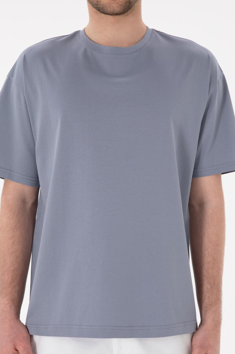 Erkek Comfort Fit Bisiklet Yaka Mavi Merserize Basic Tişört