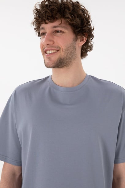 Erkek Comfort Fit Bisiklet Yaka Mavi Merserize Basic Tişört