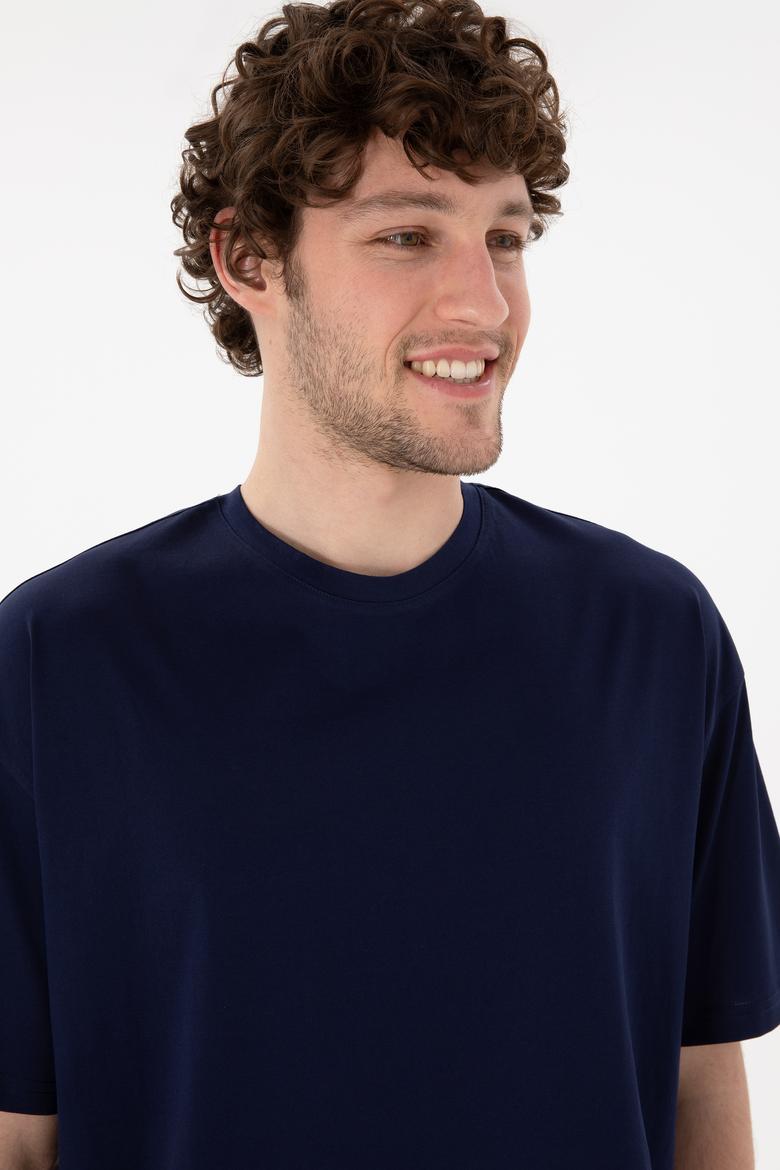 Erkek Comfort Fit Bisiklet Yaka Lacivert Merserize Basic Tişört - 50313089019