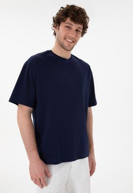 Erkek Comfort Fit Bisiklet Yaka Lacivert Merserize Basic Tişört - 50313089019