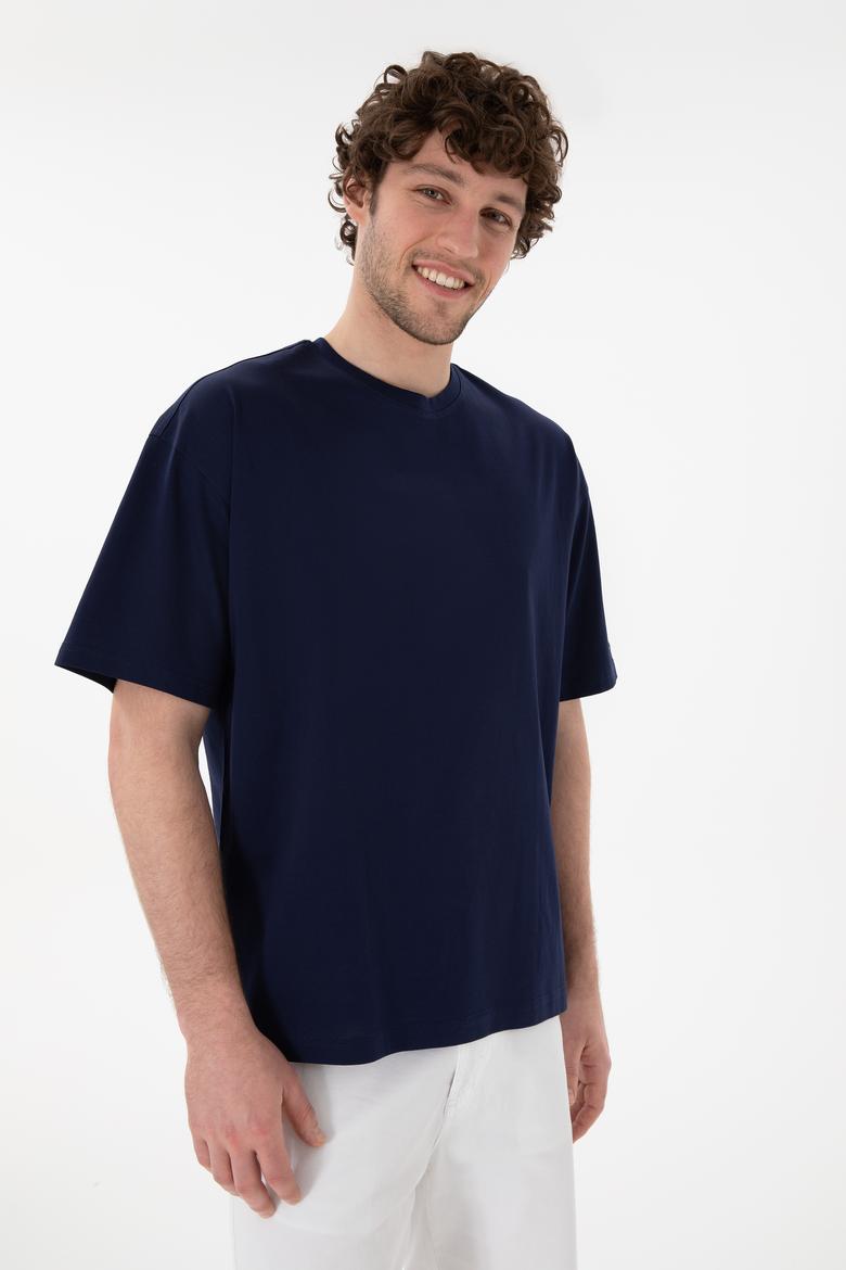 Erkek Comfort Fit Bisiklet Yaka Lacivert Merserize Basic Tişört - 50313089019