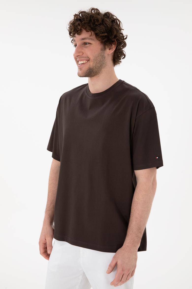 Erkek Comfort Fit Bisiklet Yaka Kahverengi Merserize Basic Tişört - 50313089049