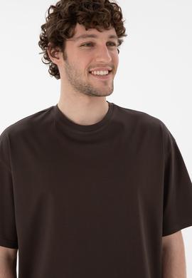 Erkek Comfort Fit Bisiklet Yaka Kahverengi Merserize Basic Tişört - 50313089049
