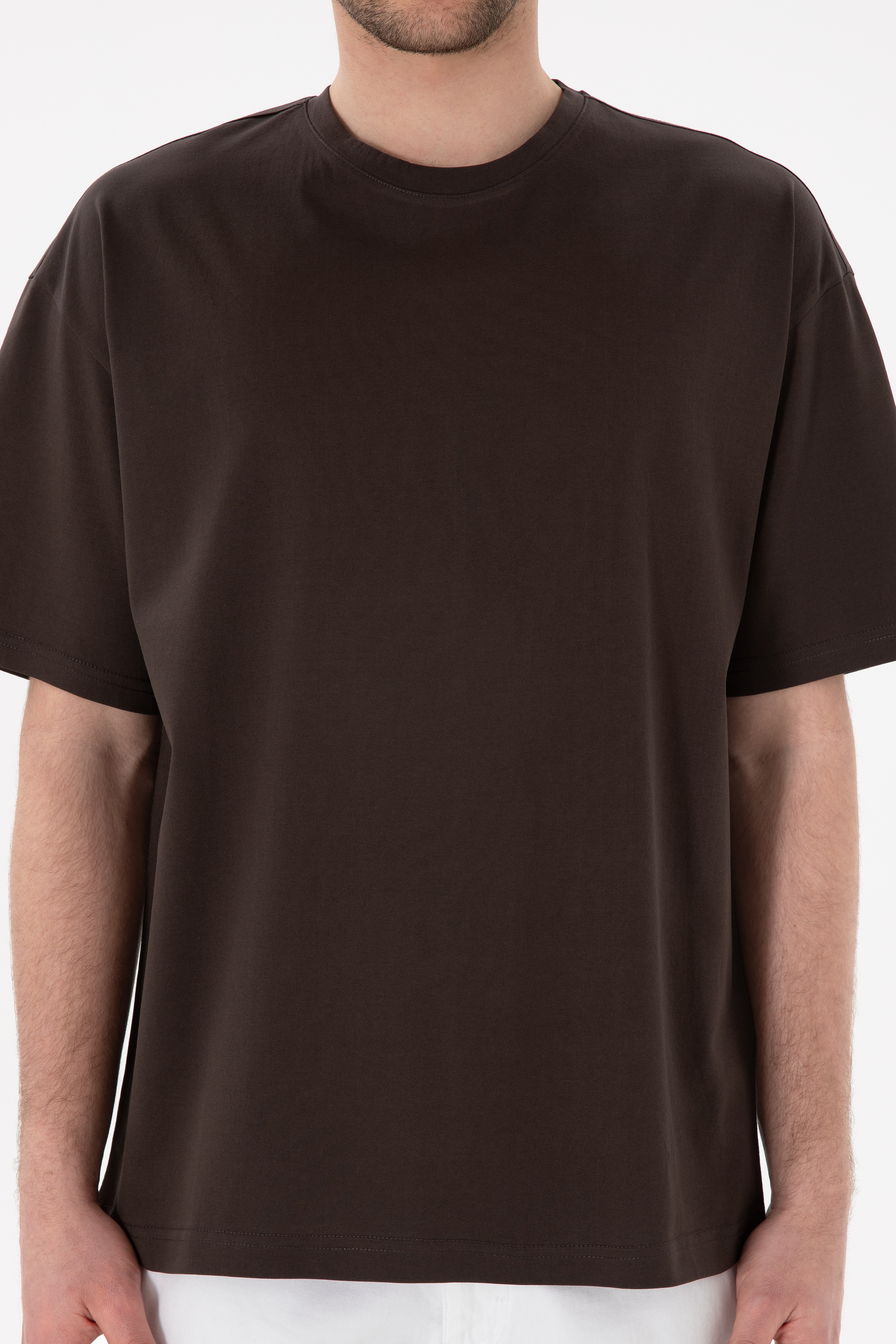 Erkek Comfort Fit Bisiklet Yaka Kahverengi Merserize Basic Tişört - Image 7