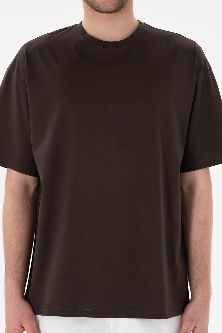 Erkek Comfort Fit Bisiklet Yaka Kahverengi Merserize Basic Tişört - 50313089049