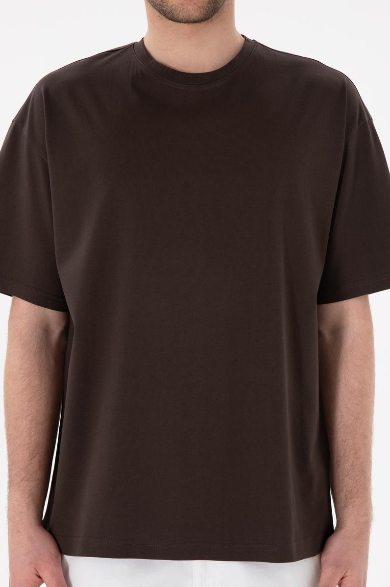Erkek Comfort Fit Bisiklet Yaka Kahverengi Merserize Basic Tişört