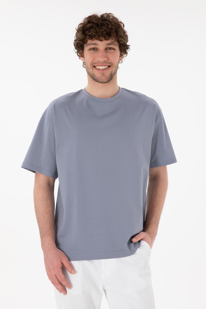 Erkek Comfort Fit Bisiklet Yaka Mavi Merserize Basic Tişört