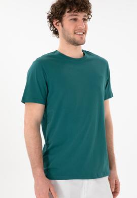 Erkek Regular Fit Bisiklet Yaka Koyu Yeşil Basic Tişört - 50305928137