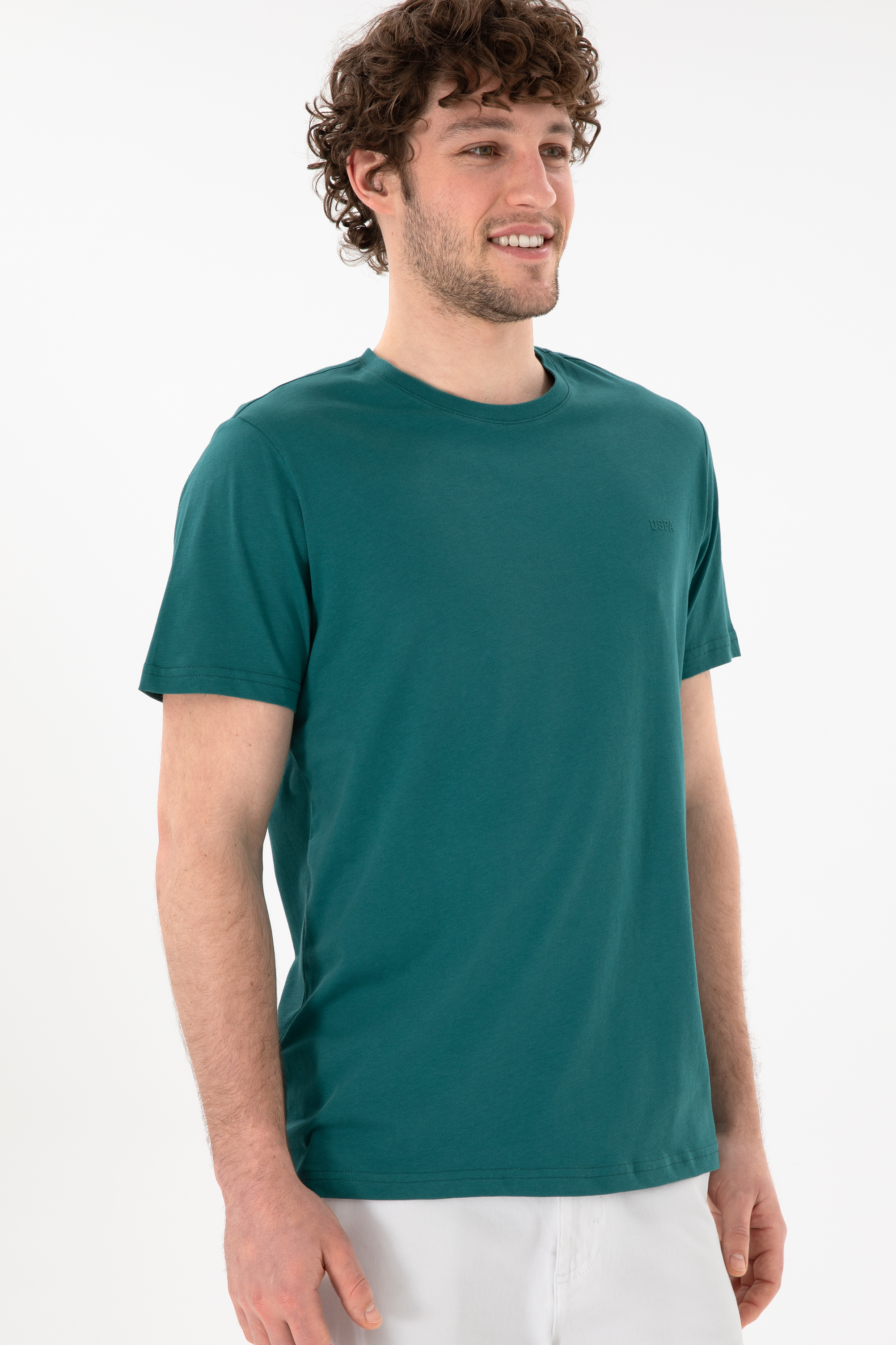 Erkek Regular Fit Bisiklet Yaka Koyu Yeşil Basic Tişört - Image 4