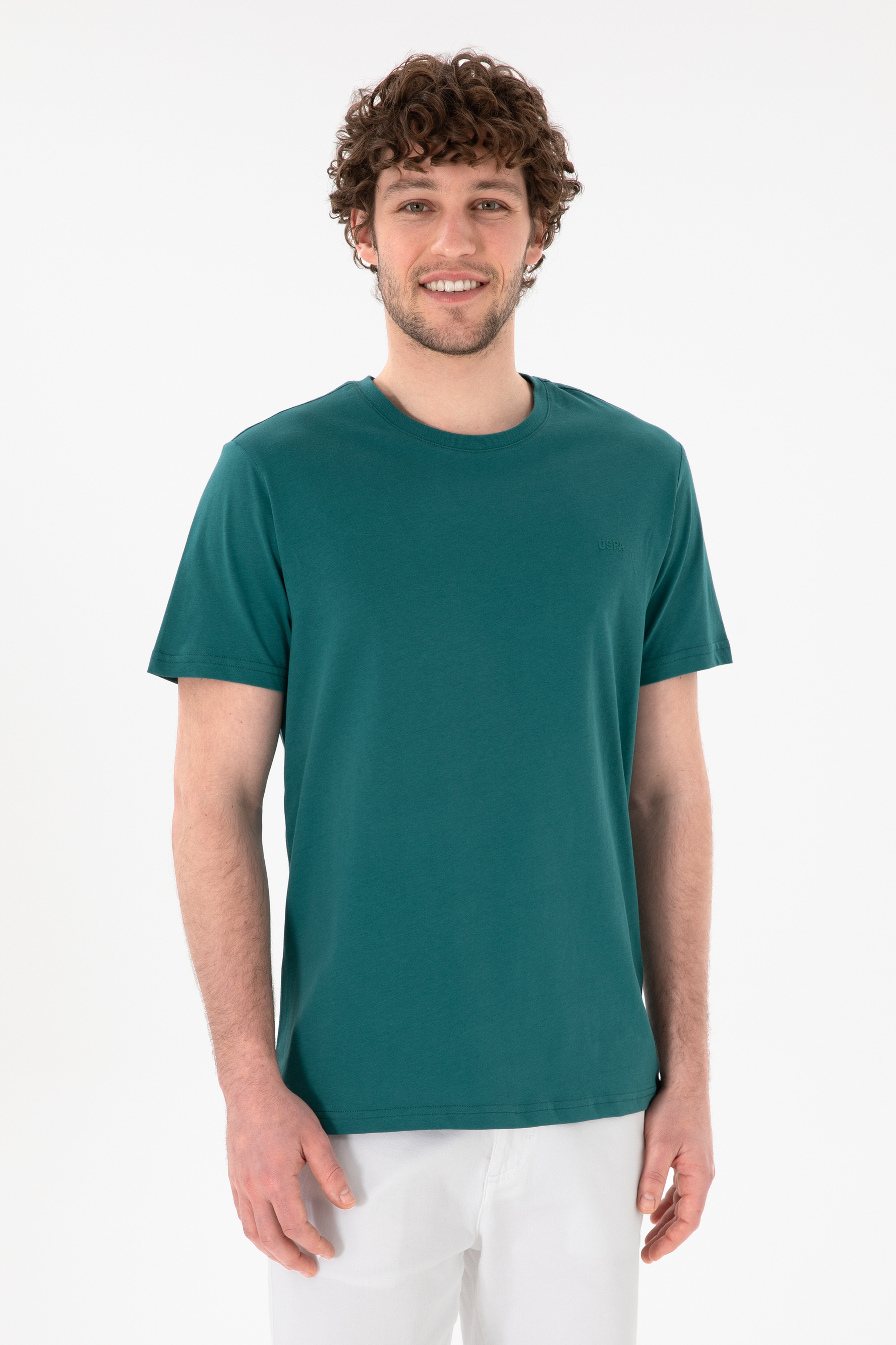 Erkek Regular Fit Bisiklet Yaka Koyu Yeşil Basic Tişört - Image 2