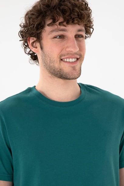 Erkek Regular Fit Bisiklet Yaka Koyu Yeşil Basic Tişört
