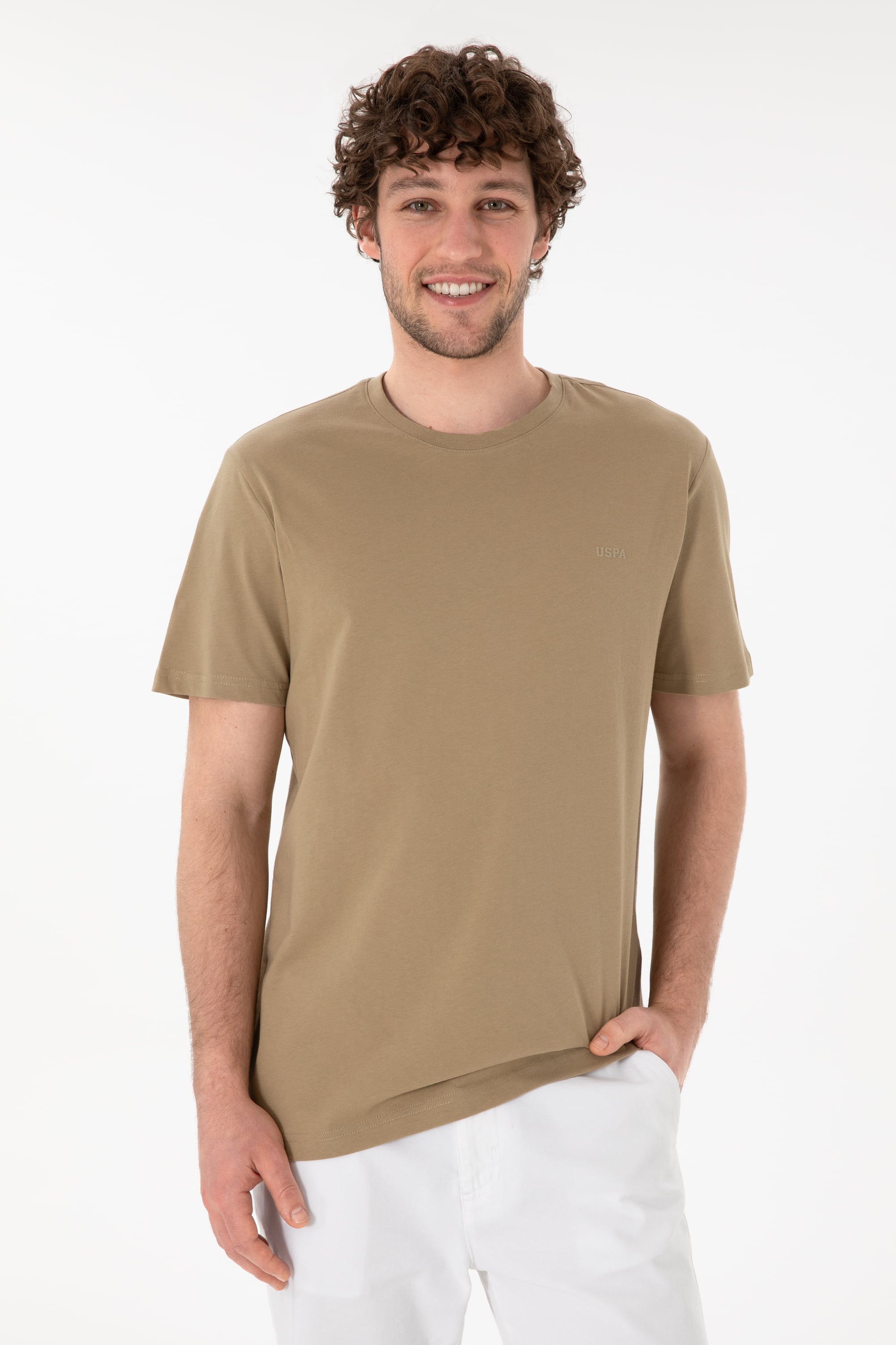 Erkek Regular Fit Bisiklet Yaka Haki Basic Tişört - Image 1