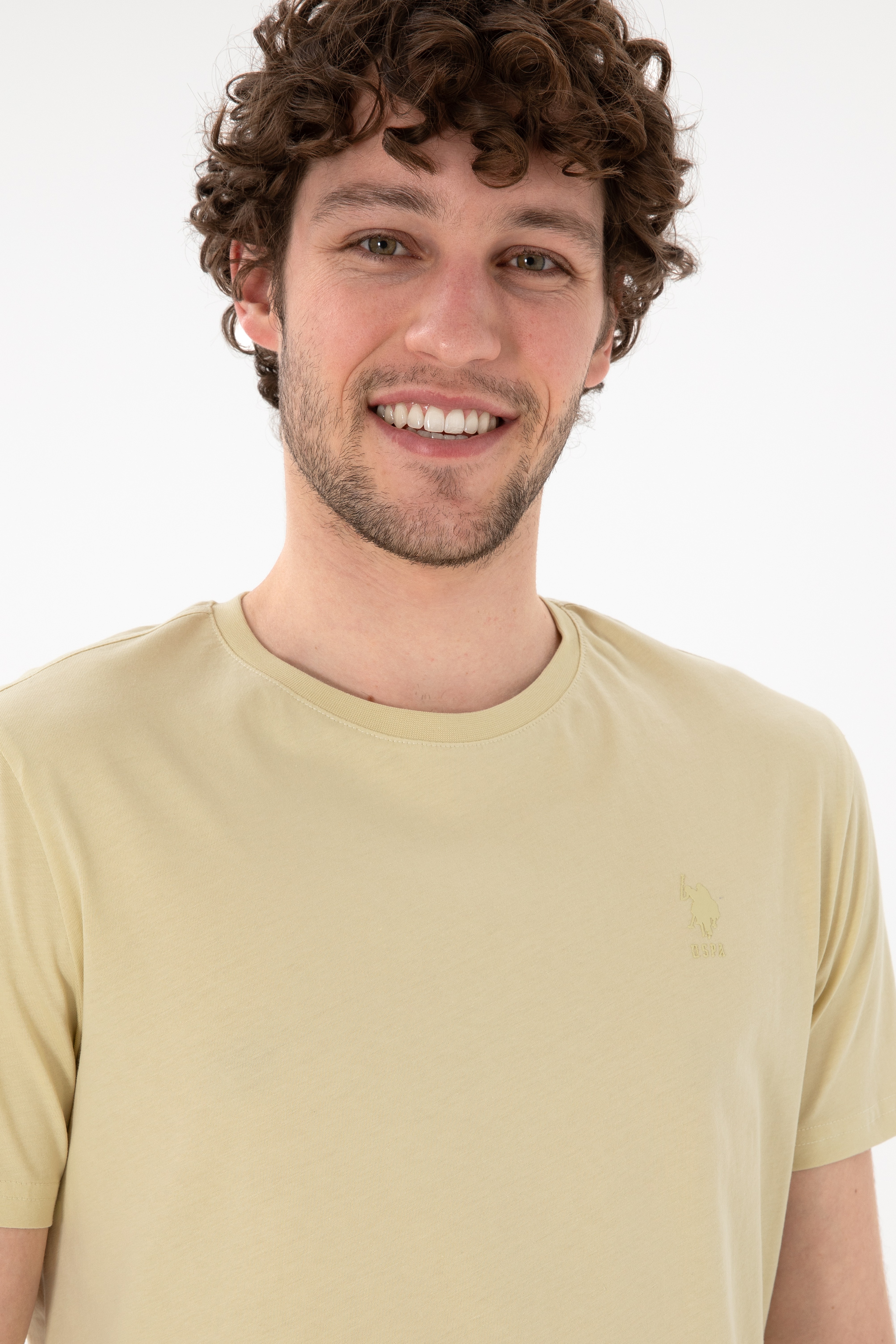 Erkek Regular Fit Bisiklet Yaka Açık Haki Basic Tişört