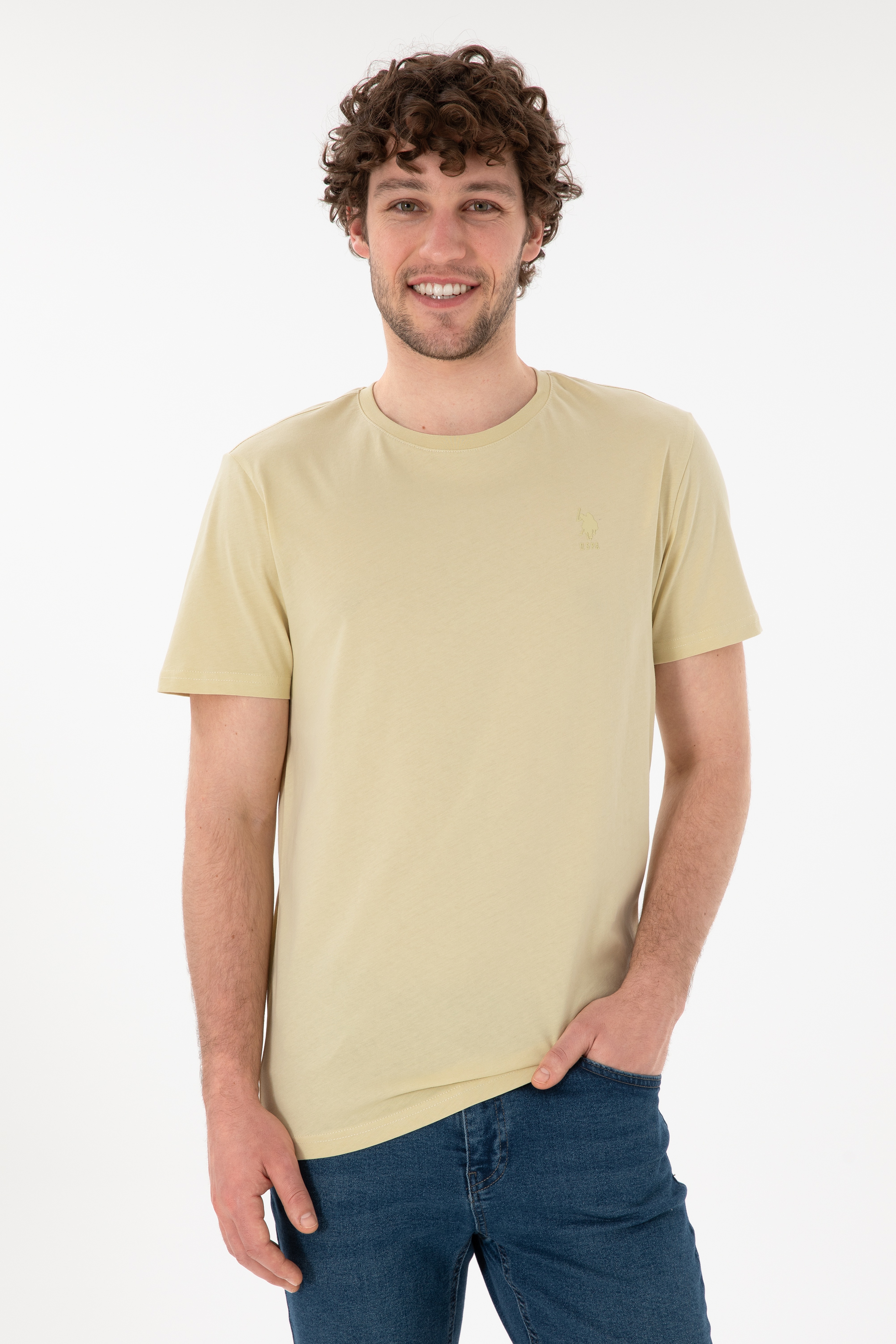 Erkek Regular Fit Bisiklet Yaka Açık Haki Basic Tişört - Image 1
