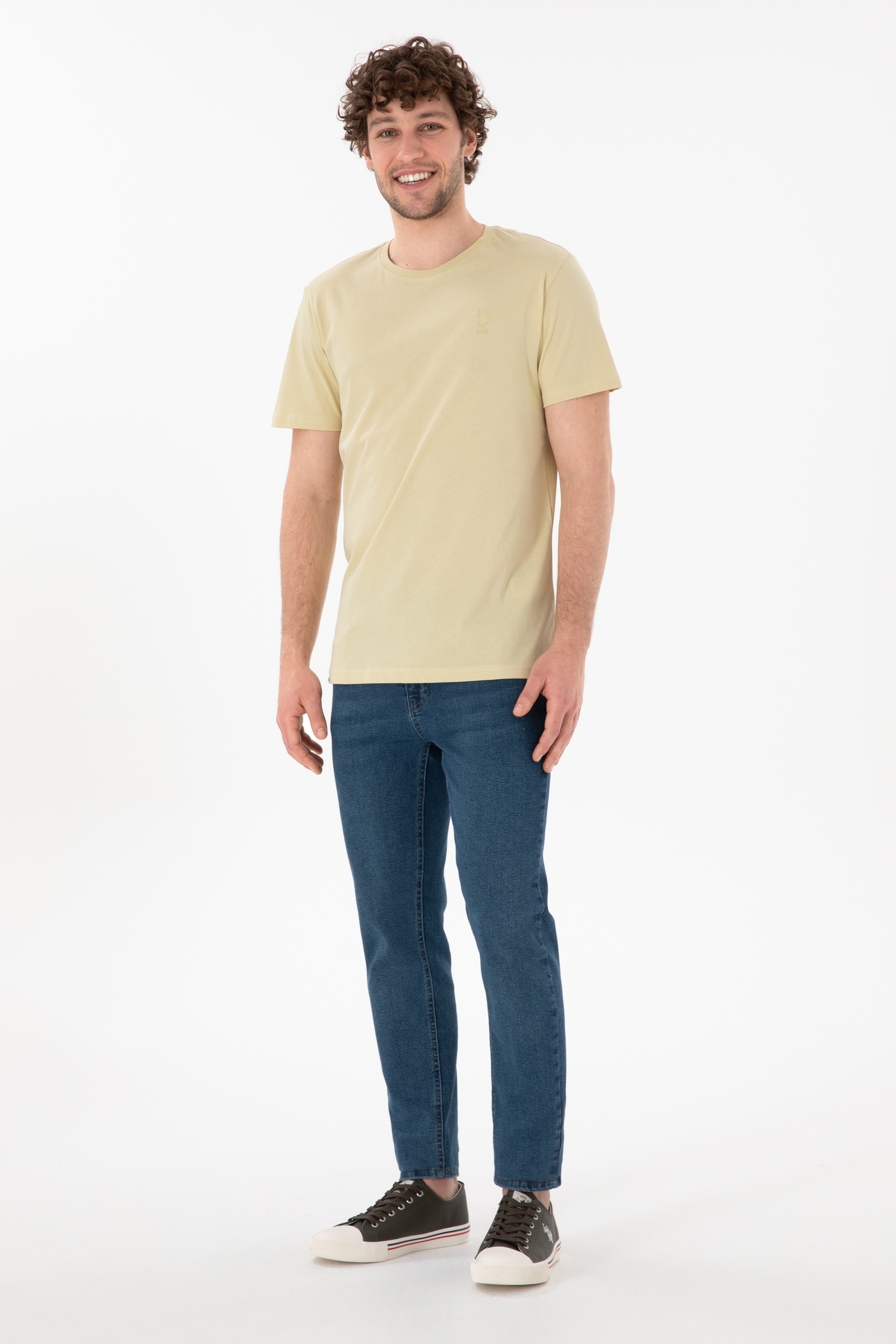 Erkek Regular Fit Bisiklet Yaka Açık Haki Basic Tişört