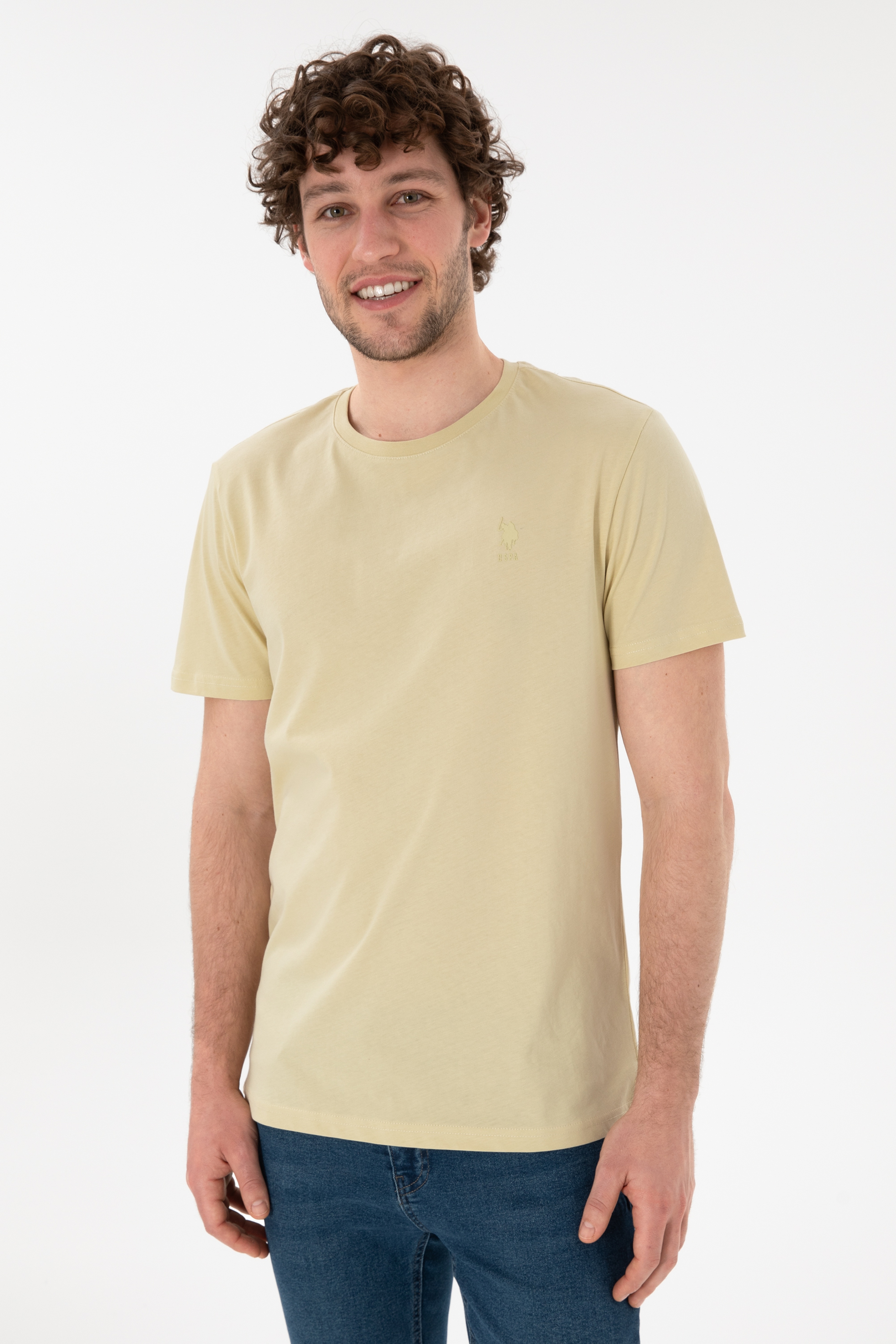 Erkek Regular Fit Bisiklet Yaka Açık Haki Basic Tişört - Image 2