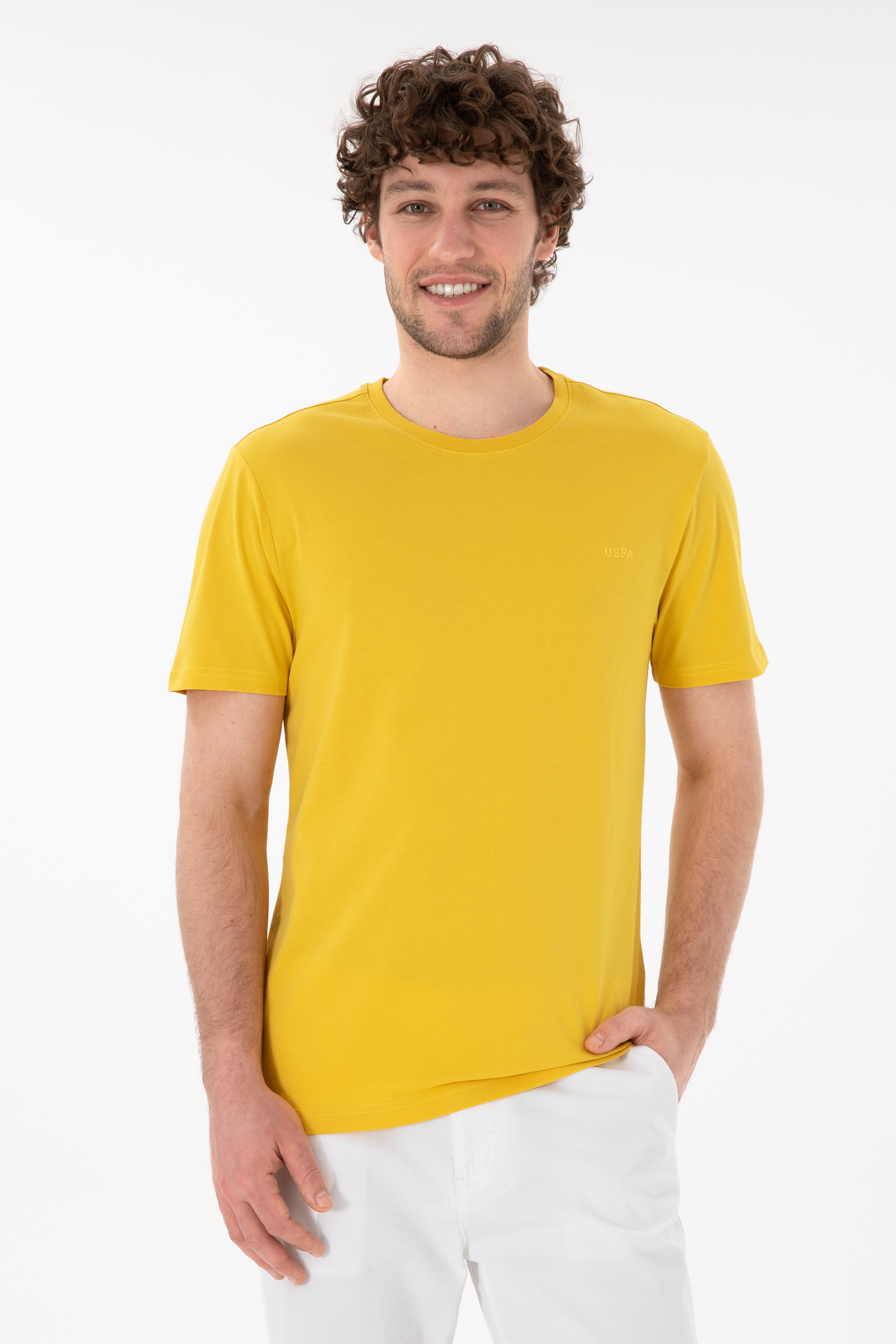 Erkek Regular Fit Bisiklet Yaka Sarı Basic Tişört - Image 1