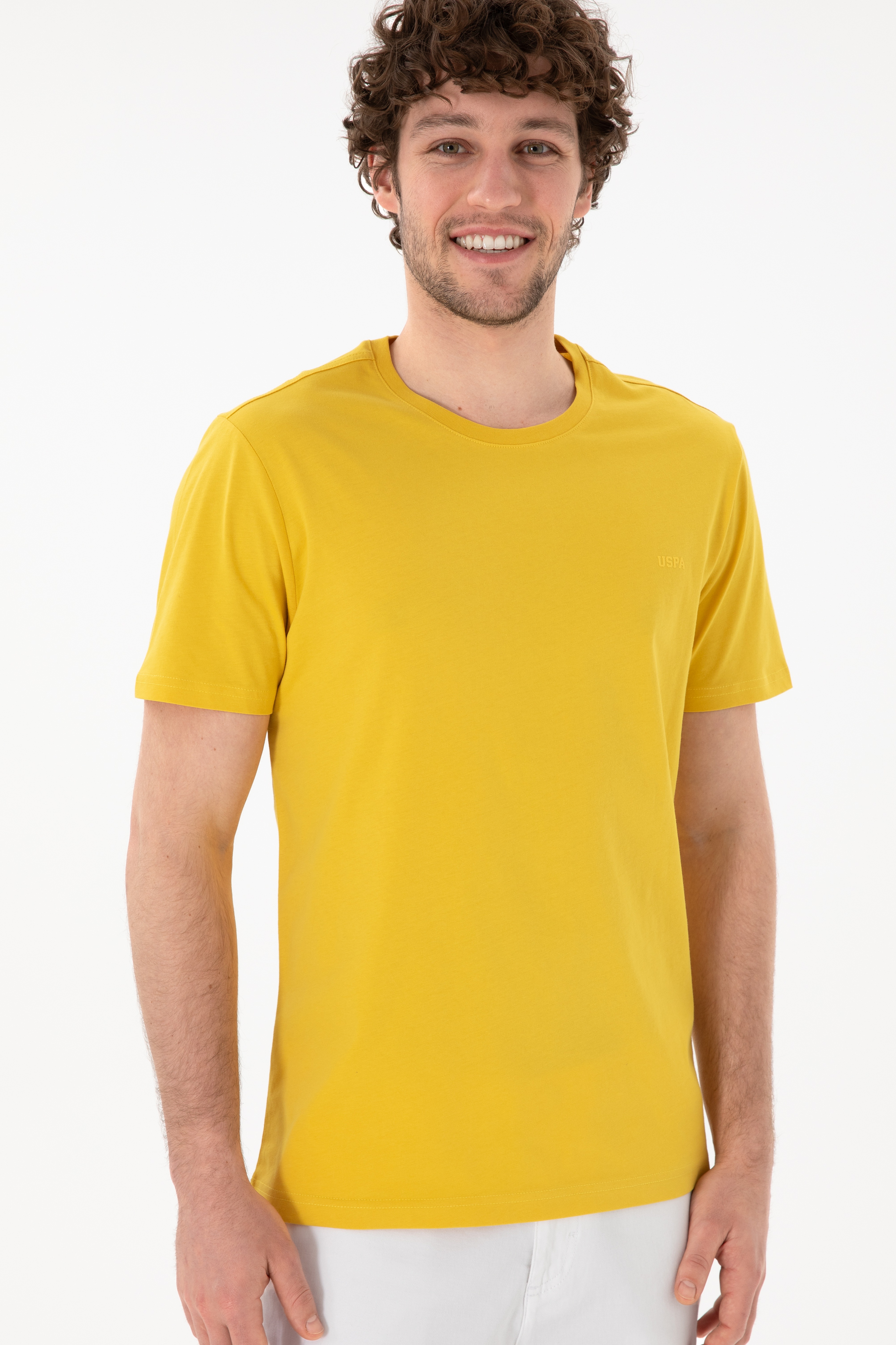 Erkek Regular Fit Bisiklet Yaka Sarı Basic Tişört - Image 4