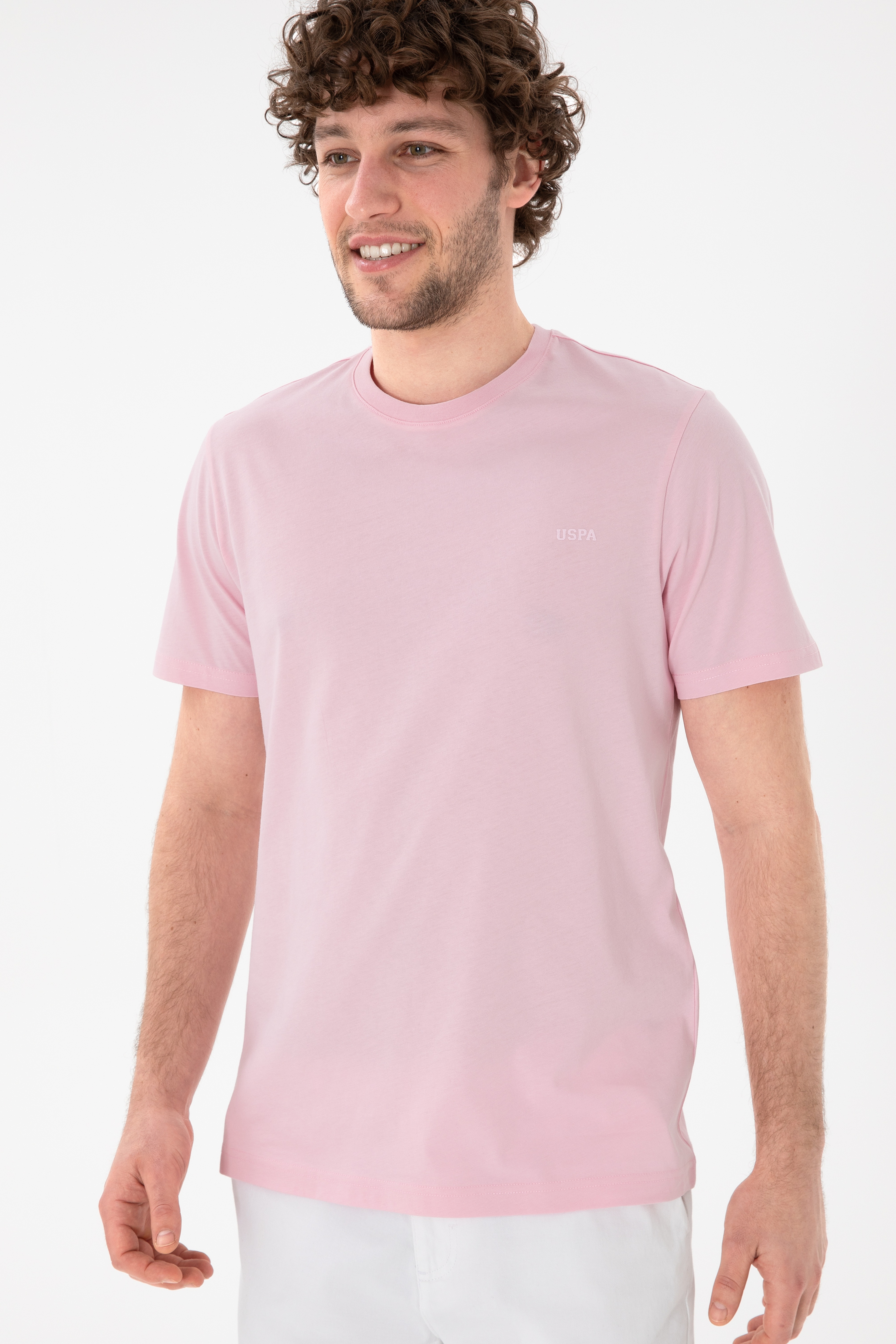 Erkek Regular Fit Bisiklet Yaka Açık Pembe Basic Tişört