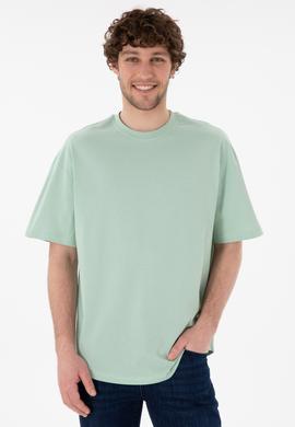 Erkek Long Fit Bisiklet Yaka Su Yeşili Basic Tişört - 50305988088