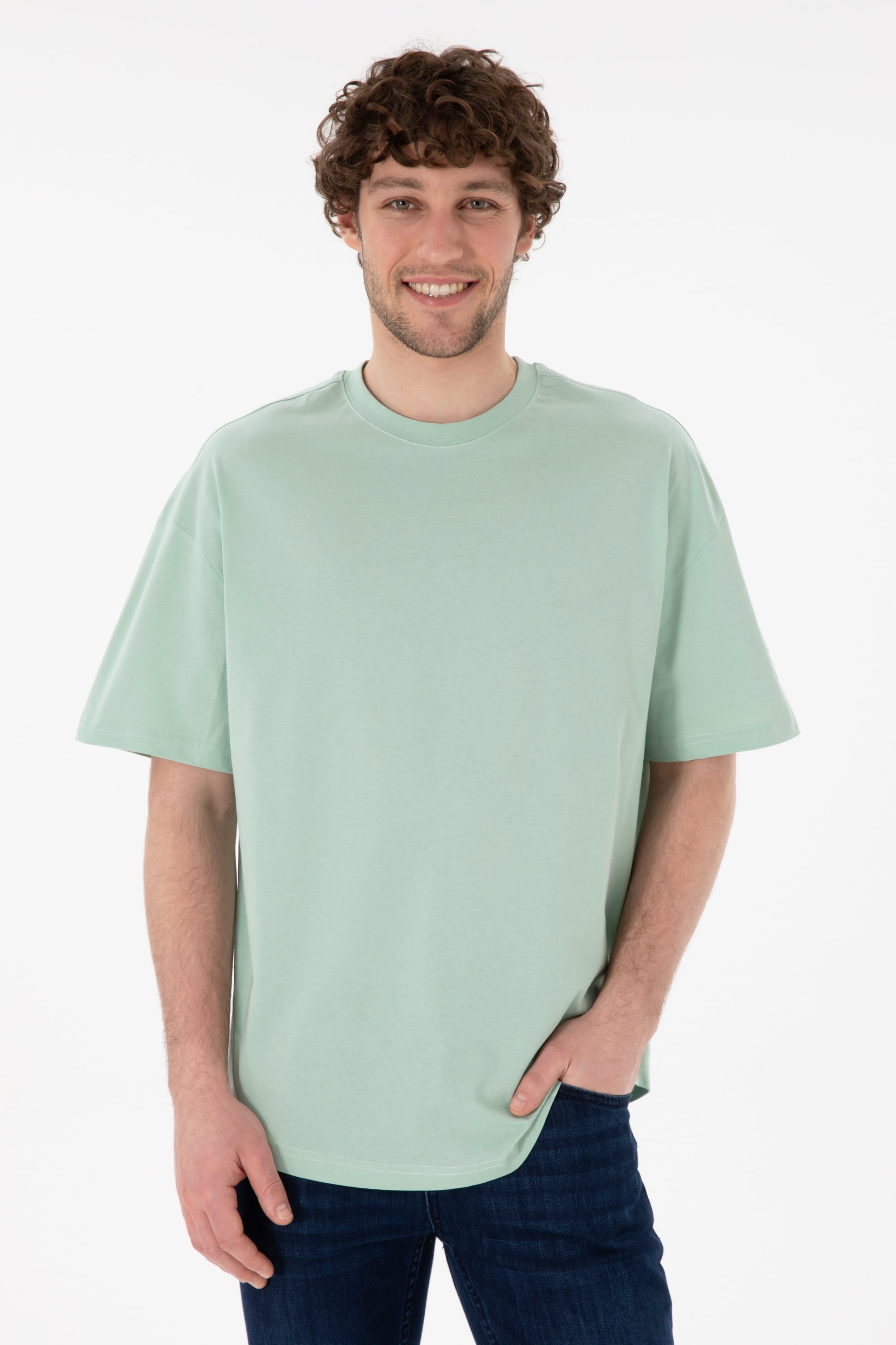 Erkek Long Fit Bisiklet Yaka Su Yeşili Basic Tişört - Image 1