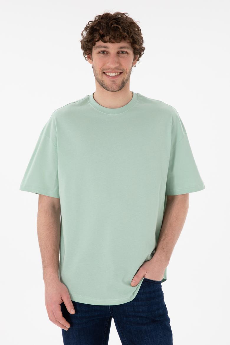 Erkek Long Fit Bisiklet Yaka Su Yeşili Basic Tişört
