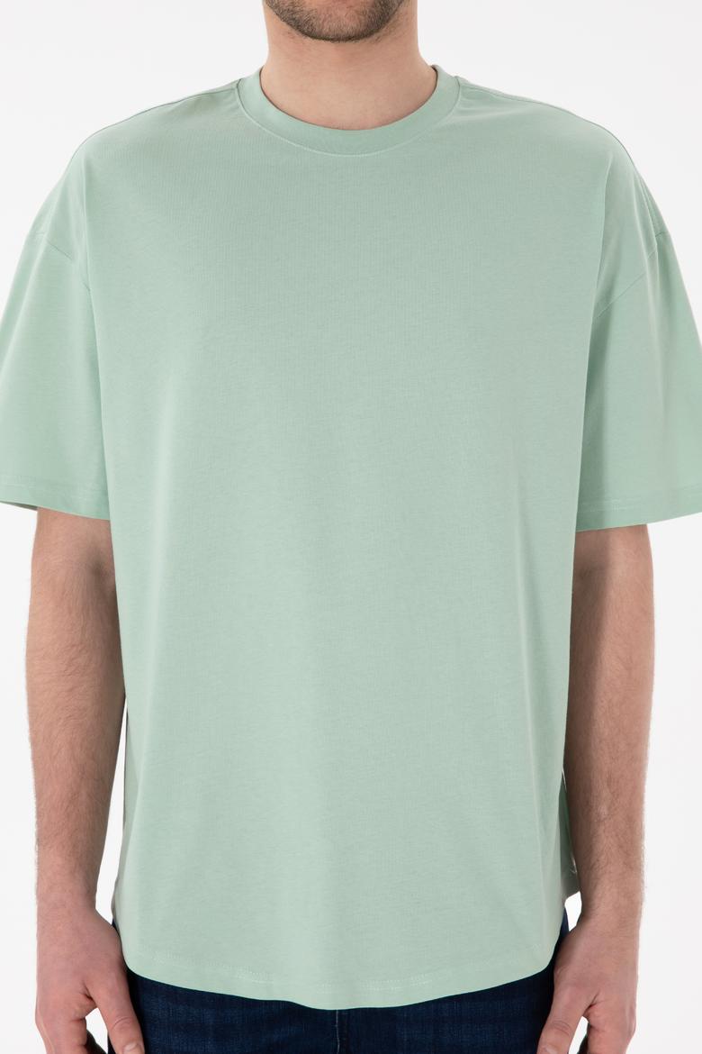 Erkek Long Fit Bisiklet Yaka Su Yeşili Basic Tişört - 50305988088