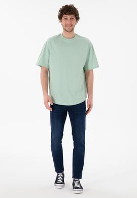 Erkek Long Fit Bisiklet Yaka Su Yeşili Basic Tişört - 50305988088