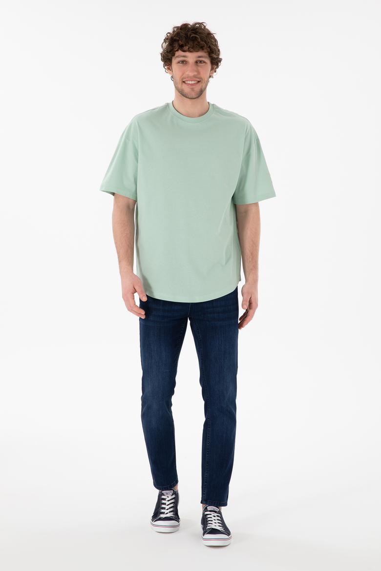 Erkek Long Fit Bisiklet Yaka Su Yeşili Basic Tişört - 50305988088