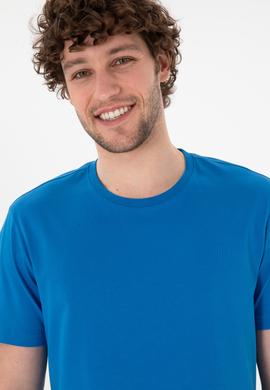 Erkek Regular Fit Bisiklet Yaka Kobalt Mavi Basic Tişört - 50305928247