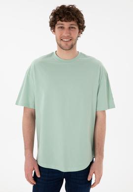 Erkek Long Fit Bisiklet Yaka Su Yeşili Basic Tişört - 50305988088