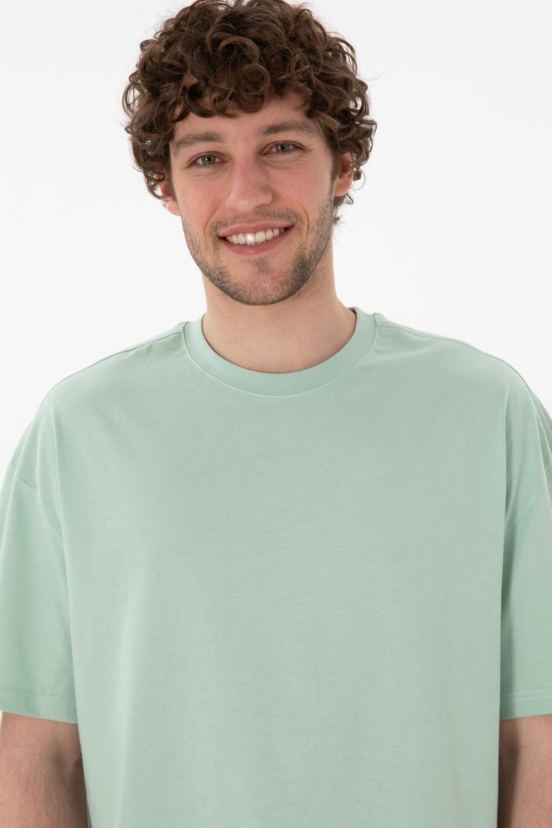 Erkek Long Fit Bisiklet Yaka Su Yeşili Basic Tişört - 50305988088