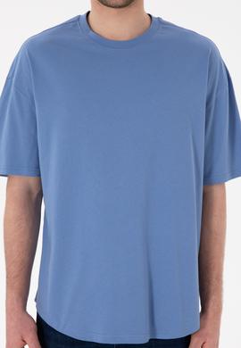 Erkek Long Fit Bisiklet Yaka Koyu Mavi Basic Tişört - 50305988118