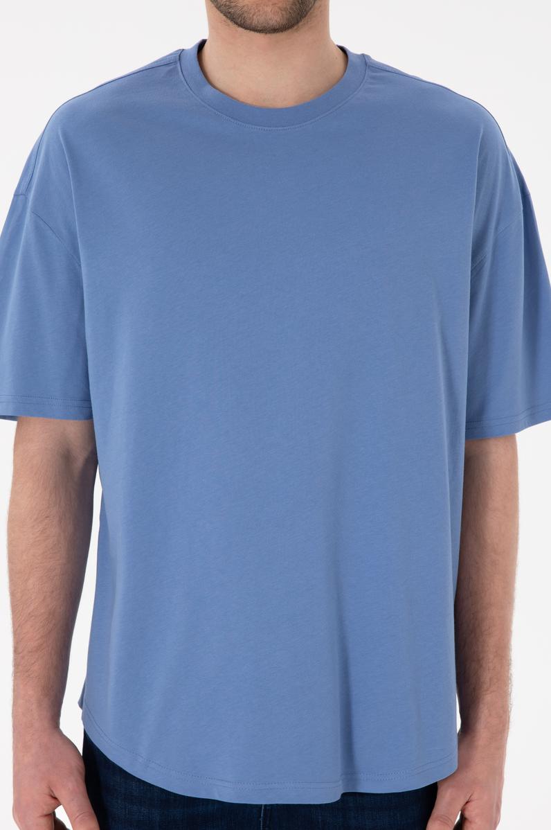 Erkek Long Fit Bisiklet Yaka Koyu Mavi Basic Tişört