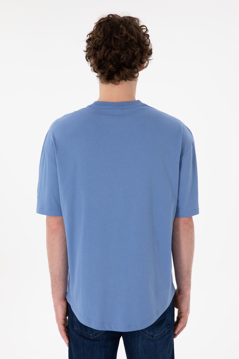 Erkek Long Fit Bisiklet Yaka Koyu Mavi Basic Tişört - 50305988118