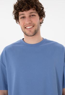 Erkek Long Fit Bisiklet Yaka Koyu Mavi Basic Tişört - 50305988118