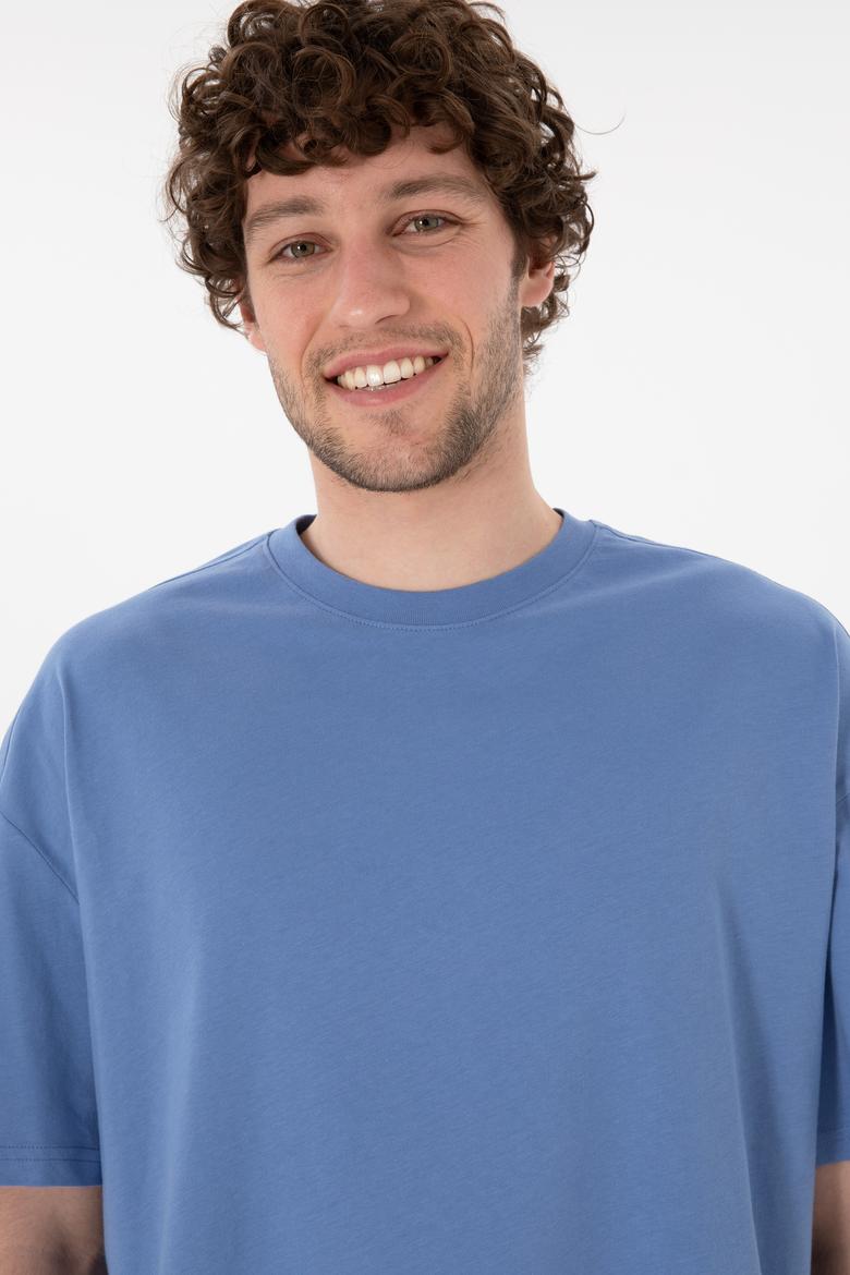 Erkek Long Fit Bisiklet Yaka Koyu Mavi Basic Tişört - 50305988118