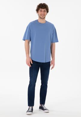 Erkek Long Fit Bisiklet Yaka Koyu Mavi Basic Tişört - 50305988118