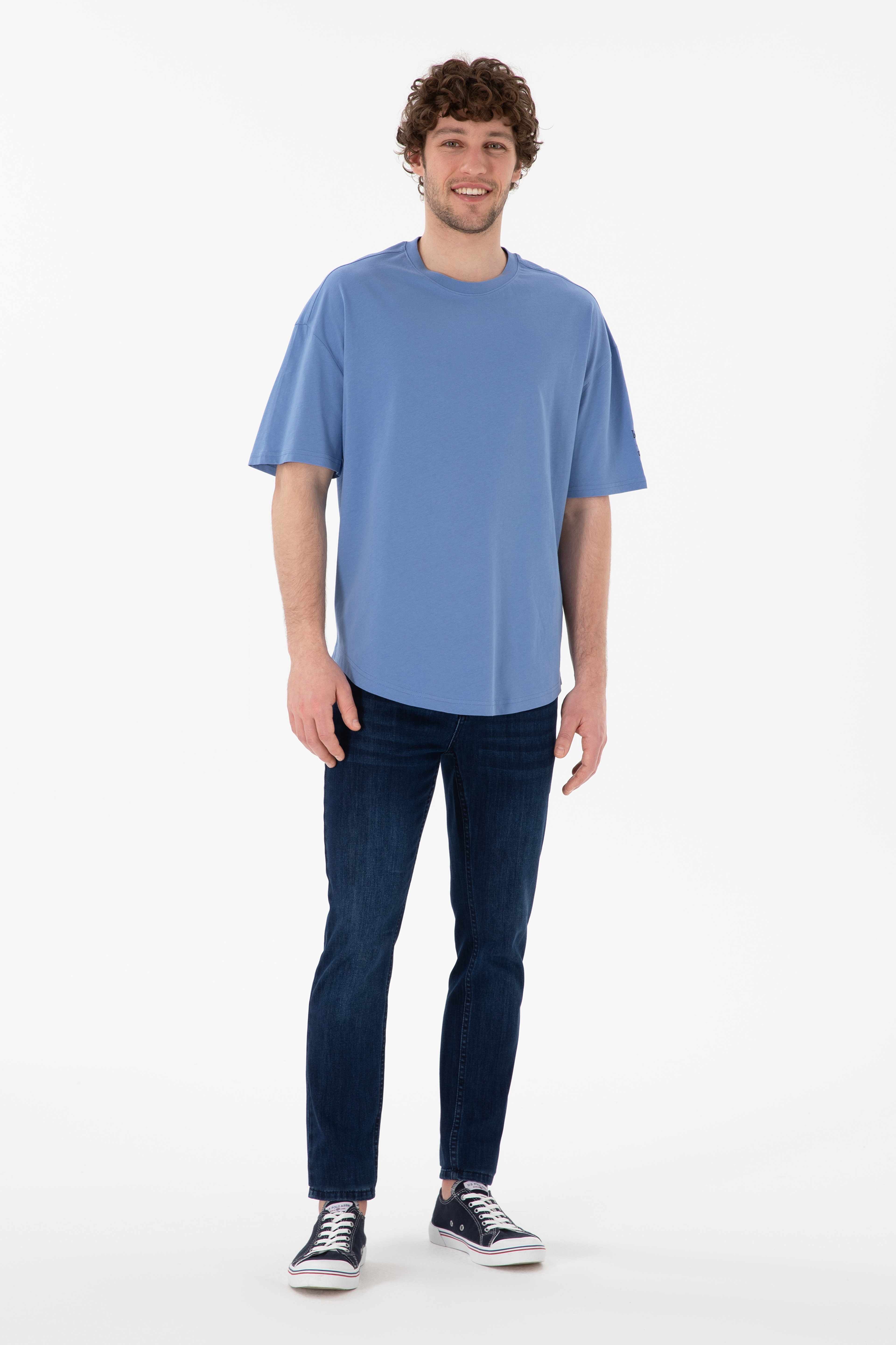 Erkek Long Fit Bisiklet Yaka Koyu Mavi Basic Tişört