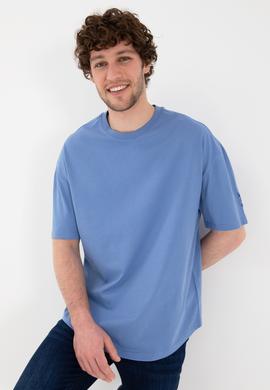 Erkek Long Fit Bisiklet Yaka Koyu Mavi Basic Tişört - 50305988118