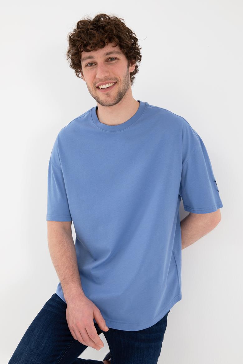 Erkek Long Fit Bisiklet Yaka Koyu Mavi Basic Tişört - 50305988118