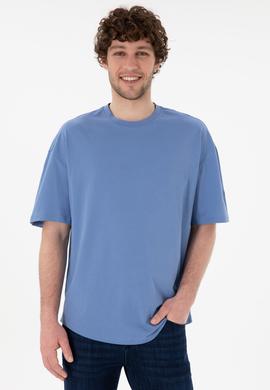 Erkek Long Fit Bisiklet Yaka Koyu Mavi Basic Tişört - 50305988118