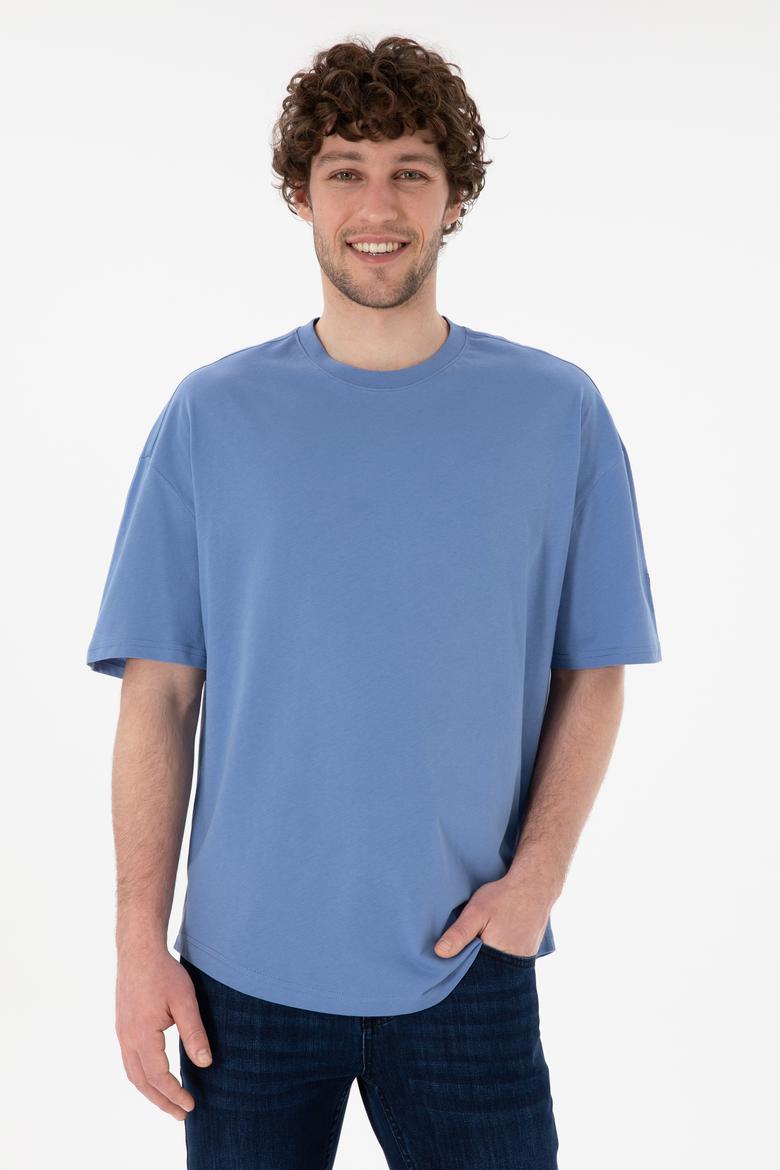 Erkek Long Fit Bisiklet Yaka Koyu Mavi Basic Tişört