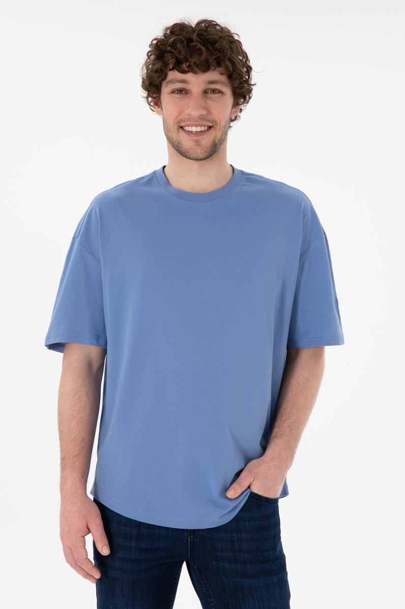 Erkek Long Fit Bisiklet Yaka Koyu Mavi Basic Tişört