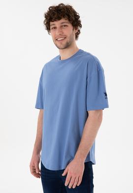 Erkek Long Fit Bisiklet Yaka Koyu Mavi Basic Tişört - 50305988118