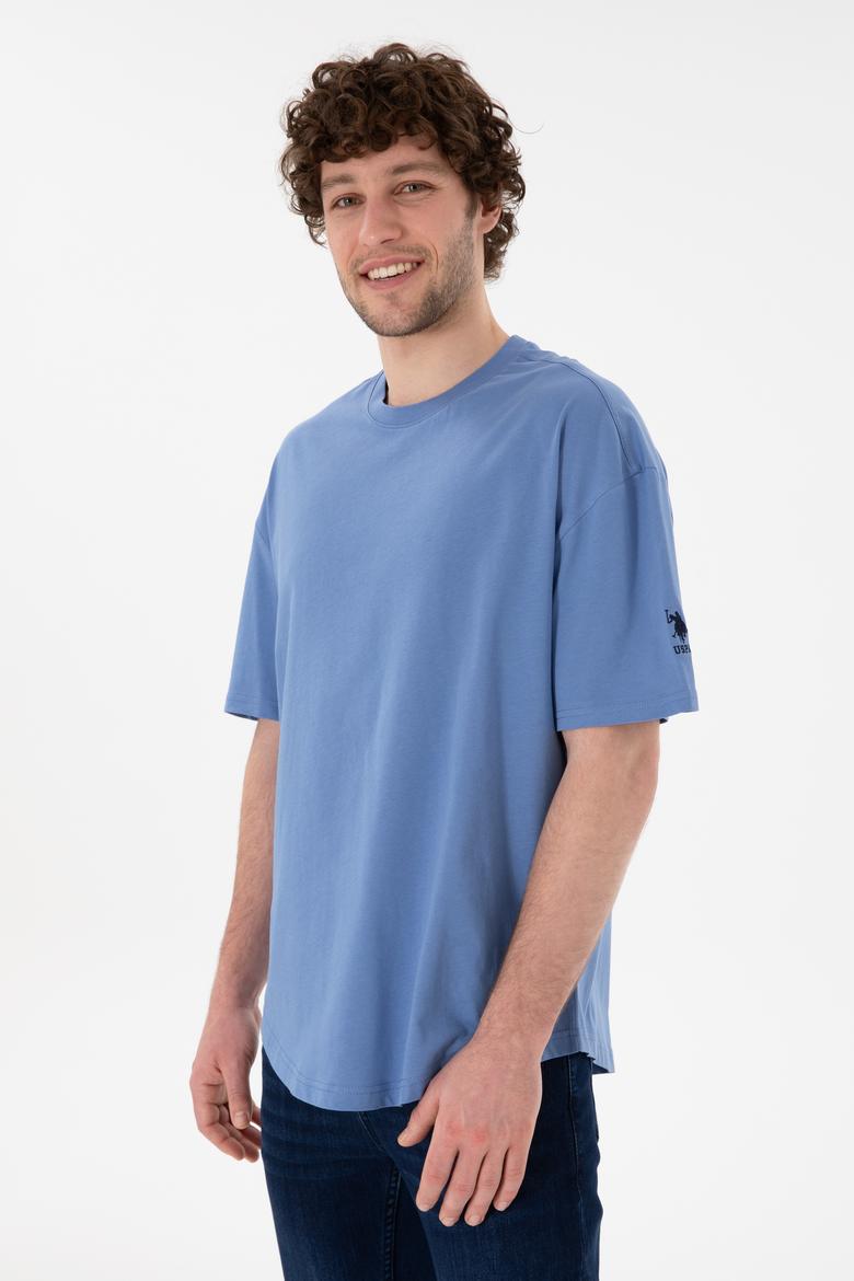 Erkek Long Fit Bisiklet Yaka Koyu Mavi Basic Tişört - 50305988118