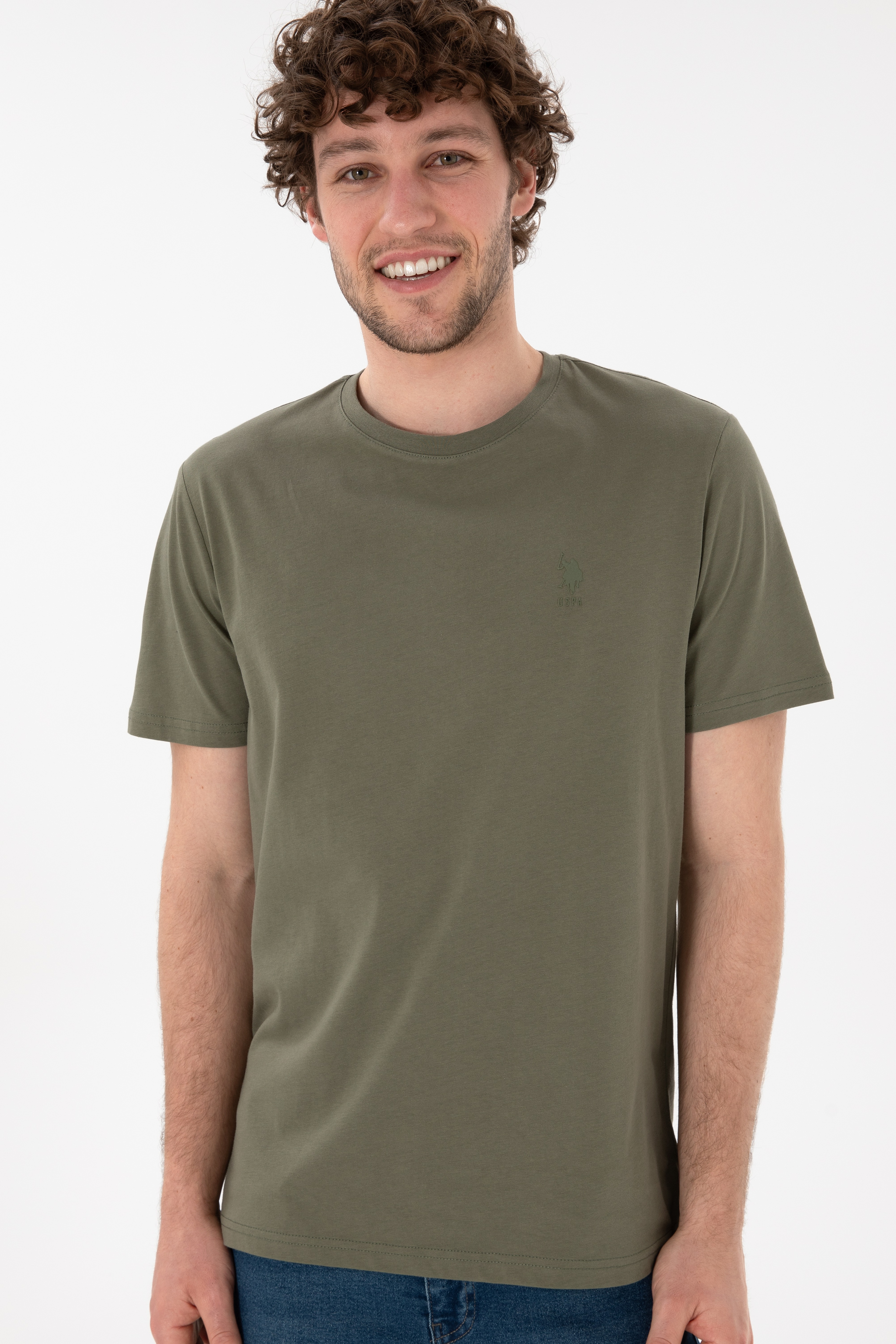 Erkek Regular Fit Bisiklet Yaka Haki Basic Tişört
